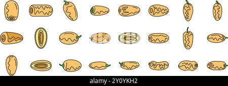 Cette illustration vectorielle présente un ensemble d'icônes représentant des fruits dattes dans diverses positions, angles et tranches, offrant une représentation visuelle complète de ce fruit sucré et nutritif Illustration de Vecteur