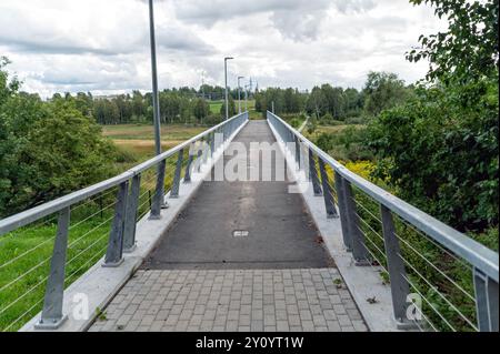 Un large pont piétonnier s'étend sur une verdure vibrante sous un ciel nuageux. Banque D'Images