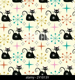 Mid Century Modern Black Atomic Cats modèle sans couture avec starbursts colorés sur fond crème clair. Pour papier peint, textile et décoration intérieure. Illustration de Vecteur