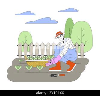 Homme japonais plantant des plants dans l'illustration plate de dessin animé de jardin potager Illustration de Vecteur