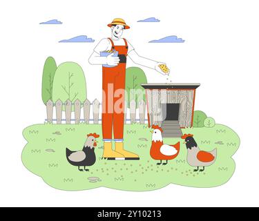 Homme asiatique nourrissant des poulets illustration plate de dessin animé Illustration de Vecteur