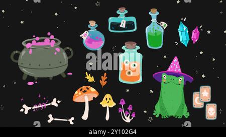 Style dessiné. Potions, champignons et grenouille sorcière entourés d'objets magiques, parfaits pour la sorcellerie et les autocollants sur le thème de la potion. Banque D'Images