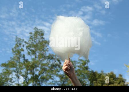 Petite fille avec bonbon à papa sucré contre le ciel bleu dans le parc Banque D'Images