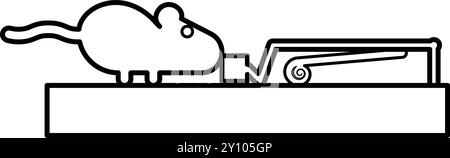 La souris veut manger un morceau de fromage de la silhouette de piège à souris contour de rongeur contour ligne icône noir couleur illustration vectorielle image mince style plat Illustration de Vecteur