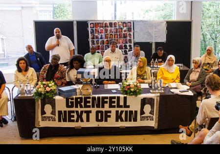 Londres, Royaume-Uni. 4 septembre 2024. Conférence de presse pour les parents de Grenfell. L'enquête publique britannique publie son rapport final après l'incendie de 2017 à Grenfell Tower qui a tué 72 personnes. Les proches de la tragédie tiennent une conférence de presse pour mettre en lumière les nombreuses lacunes commises par le Gouvernement de l'époque. Ils sont en colère contre la longueur du temps qui s'est écoulé et veulent toujours des réponses et des personnes tenues de rendre des comptes. Keir Starmer présente des excuses au nom de l'État britannique aux victimes de l'incendie de la tour Grenfell et à leurs familles crédit : Karl Black/Alamy Live News Banque D'Images