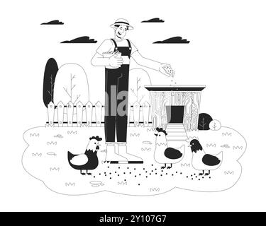 Homme asiatique nourrissant les poulets illustration de ligne plate noire et blanche Illustration de Vecteur