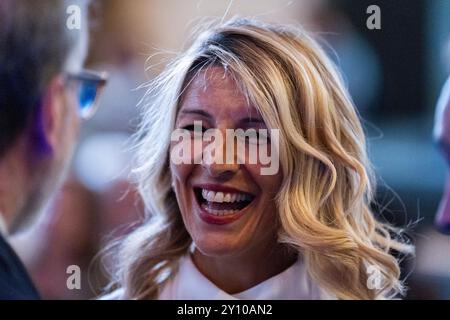 Madrid, Espagne. 04th Sep, 2024. Yolanda Diaz, ministre espagnole du travail et de l'économie sociale et vice-présidente du gouvernement espagnol, également fondatrice du parti politique Sumar, vue lors d'un acte institutionnel à l'Institut Cervantes le 04 septembre 2024 à Madrid, Espagne. Crédit : SOPA images Limited/Alamy Live News Banque D'Images