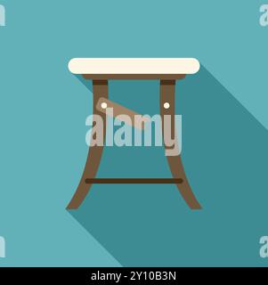Vieux tabouret en bois cassé avec siège rond et jambe cassée est debout sur fond bleu, dans un design plat Illustration de Vecteur