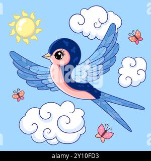 Image couleur d'une hirondelle de dessin animé volant dans le ciel bleu parmi les nuages. Illustration vectorielle pour la conception pour enfants de tirages, affiches, cartes, autocollant Illustration de Vecteur