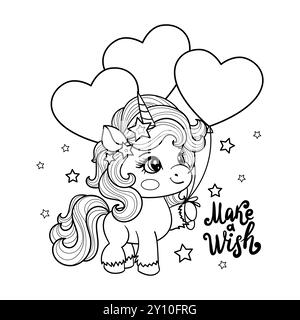 Fais un vœu. Licorne de fête mignonne avec des ballons. Page de livre de coloriage avec modèle coloré. Illustration de dessin animé vectoriel isolé sur fond blanc. FO Illustration de Vecteur