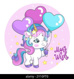 Fais un vœu. Mignon licorne de dessin animé avec des ballons. Pour les impressions de conception d'enfants, affiches, cartes d'anniversaire, autocollants, etc Illustration vectorielle. Illustration de Vecteur