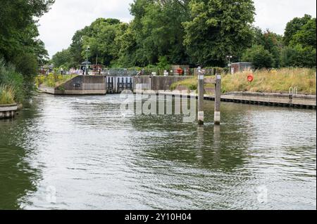 Ecluse Keeper exploite l'écluse d'un bateau à passagers passant par l'écluse de Boveney, l'une des écluses les plus achalandées de la Tamise Windsor Berkshire Angleterre Royaume-Uni Banque D'Images