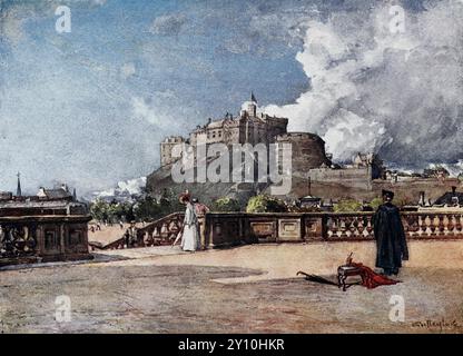 Château d'Édimbourg depuis la terrasse de l'hôpital Heriot (aujourd'hui une école). D'après une sélection de tirages en couleur de peintures de John Fulleylove, qui ont été publiés en 1904 par Adam et Charles Black. Fulleylove était un paysagiste anglais réputé pour ses compositions colorées. Il a d'abord suivi une formation d'architecte et l'architecture est importante dans beaucoup de ses peintures. Banque D'Images