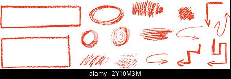 Ensemble d'éléments graphiques griffés. Cadres rectangulaires, ovales, flèches et griffonnages. Collection école rouge formes géométriques par crayon de cire dessiné Illustration de Vecteur