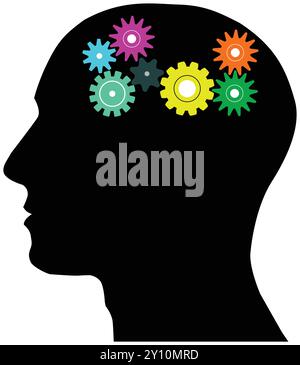 Signe de pensée du cerveau humain, cerveau humain dans l'icône de la tête, pensez à l'idée noire Illustration de Vecteur