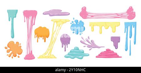 Slime collant de dessin animé. Éclaboussures de boue liquide Goo, éclaboussures de mucus. Jelly gouttes taches illustration vectorielle plate définie sur fond blanc Illustration de Vecteur