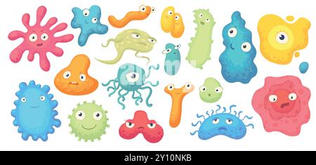 Mascotte bactérienne de dessin animé. Caractère viral, bactéries avec des visages drôles. Ensemble d'illustrations vectorielles isolées de microbes et de virus de maladies de couleur. Monster CRE Illustration de Vecteur