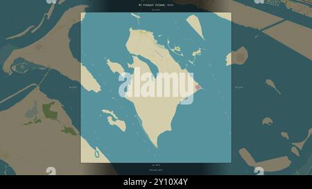 L’île Al Futaysi dans le golfe Persique, appartenant aux Émirats Arabes Unis, décrite et mise en évidence sur une carte topographique de style humanitaire OSM Banque D'Images