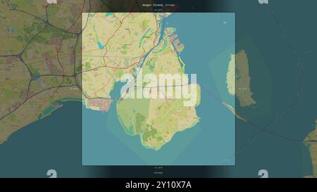 L'île d'Amager dans le Kattegat, appartenant au Danemark, décrite et mise en évidence sur une carte topographique de style humanitaire OSM Banque D'Images