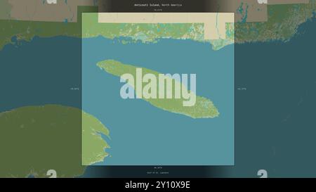 Île d'Anticosti dans le golfe du Saint-Laurent, appartenant au Canada, décrite et mise en évidence sur une carte topographique de style humanitaire OSM Banque D'Images