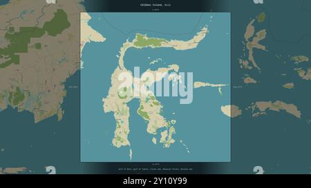 L'île des Célèbes dans la mer de Java, appartenant à l'Indonésie, décrite et mise en évidence sur une carte topographique de style humanitaire OSM Banque D'Images