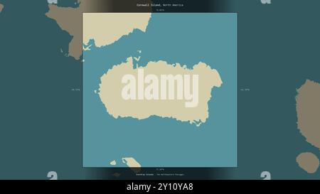 Île Cornwall dans les passages du Nord-Ouest, appartenant au Canada, décrite et mise en évidence sur une carte topographique de style humanitaire OSM Banque D'Images
