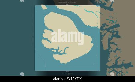 Île Disko dans la baie de Baffin, appartenant au Groenland, décrite et mise en évidence sur une carte topographique de style humanitaire OSM Banque D'Images