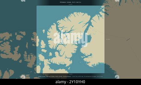 Île Ellesmere dans la baie de Baffin, appartenant au Canada, décrite et mise en évidence sur une carte topographique de style humanitaire de l'OSM Banque D'Images