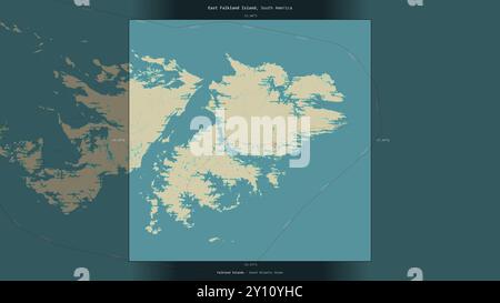 East Falkland Island dans l'océan Atlantique Sud, appartenant aux îles Falkland, décrit et mis en évidence sur une topographie, OSM style humanitaire ma Banque D'Images