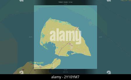 L'île de Fehmarn dans la mer Baltique, appartenant à l'Allemagne, décrite et mise en évidence sur une carte topographique de style humanitaire OSM Banque D'Images
