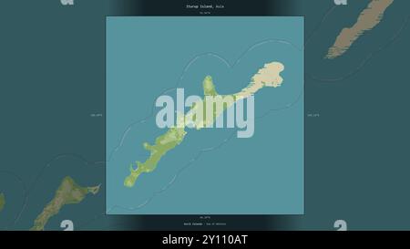 L'île d'Iturup dans la mer d'Okhotsk, appartenant à la Russie, décrite et mise en évidence sur une carte topographique de style humanitaire OSM Banque D'Images