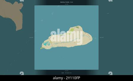 L'île de Jomalig dans la mer des Philippines, appartenant aux Philippines, décrite et mise en évidence sur une carte topographique de style humanitaire OSM Banque D'Images