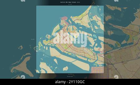 L’île de Jazirat Abu Zaby, dans le golfe Persique, appartenant aux Émirats Arabes Unis, décrite et mise en évidence sur une carte topographique de style humanitaire OSM Banque D'Images