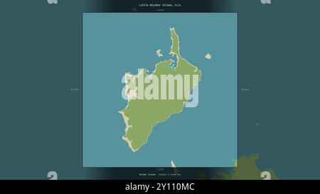 Petite île Nicobar dans la mer d'Andaman ou de Birmanie, appartenant à l'Inde, décrite et mise en évidence sur une carte topographique de style humanitaire OSM Banque D'Images