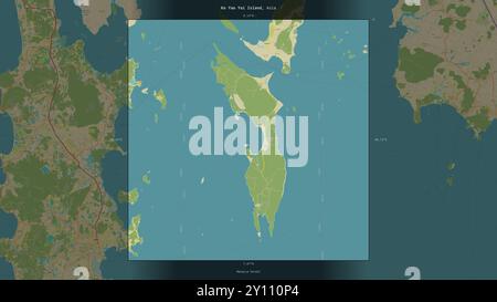 Île de Ko Yao Yai dans le détroit de Malacca, appartenant à la Thaïlande, décrite et mise en évidence sur une carte topographique de style humanitaire OSM Banque D'Images