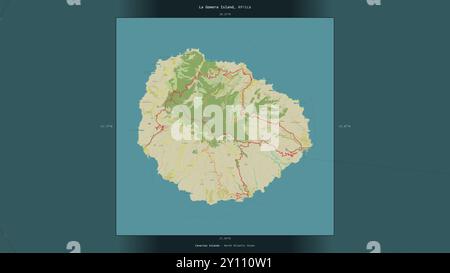 L'île de la Gomera dans l'océan Atlantique Nord, appartenant à l'Espagne, décrite et mise en évidence sur une carte topographique de style humanitaire OSM Banque D'Images