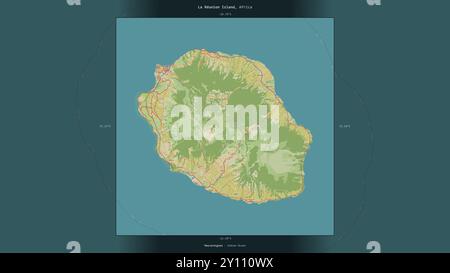 L’île de la Réunion dans l’Océan Indien, appartenant à la France, décrite et mise en évidence sur une carte topographique de style humanitaire OSM Banque D'Images