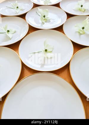 Assiettes blanches décorées de fleurs de cornouiller disposées les unes à côté des autres comme un motif, l'assiette au premier plan est vide Banque D'Images