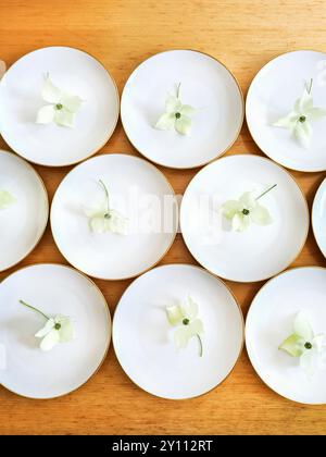 Les assiettes blanches avec un rebord doré sont décorées d'une fleur de cornouiller et se tiennent côte à côte sur une table en bois en préparation d'un mariage Banque D'Images