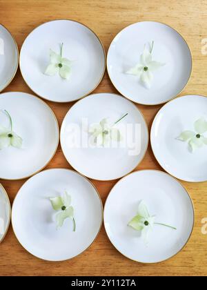 Les assiettes blanches avec un rebord doré sont décorées d'une fleur de cornouiller et se tiennent côte à côte sur une table en bois en préparation d'un mariage Banque D'Images