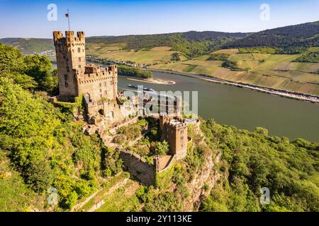 Château de Sooneck et le Rhin près de Niederheimbach, site du patrimoine mondial de la vallée du Haut-Rhin moyen, Rhénanie-Palatinat, Allemagne, Banque D'Images