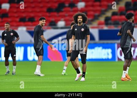 QUALIFICATION POUR LA COUPE DU MONDE DE la FIFA 2026 -QATAR session D'entraînement par équipe Akram Afif du Qatar assiste à une session d'entraînement avant le 3e tour de qualification pour la Coupe du monde de la FIFA 2026 match du Groupe A entre le Qatar et les Émirats arabes Unis à Ahmad Bin Ali StadiumÊin Al Rayyan, Qatar, le 4,2024 septembre DOHA Qatar Copyright : xNOUSHADx Banque D'Images