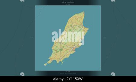 Île de Man dans la mer d'Irlande et le canal George, appartenant à l'île de Man, décrit et mis en évidence sur une topographie, de style humanitaire OSM ma Banque D'Images