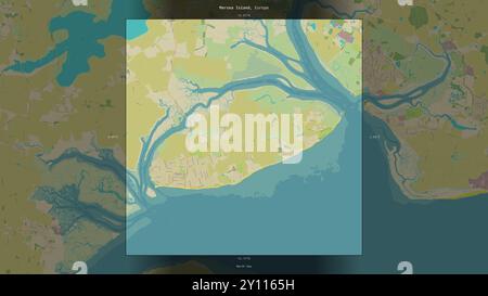 Île Mersea en mer du Nord, appartenant au Royaume-Uni, décrite et mise en évidence sur une carte topographique de style humanitaire OSM Banque D'Images