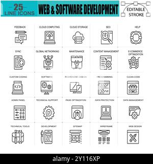 Jeu facile d'icônes de ligne pour le développement Web et logiciel. Collection graphique vectorielle. Illustration de Vecteur