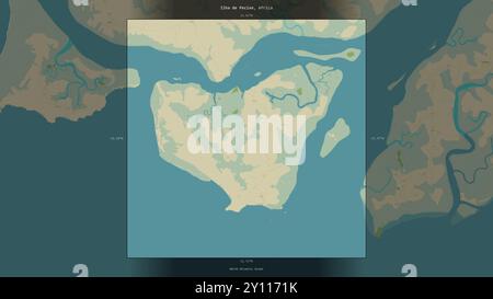 Ilha de Pecixe dans l'océan Atlantique Nord, appartenant à la Guinée-Bissau, décrite et mise en évidence sur une carte topographique de style humanitaire OSM Banque D'Images