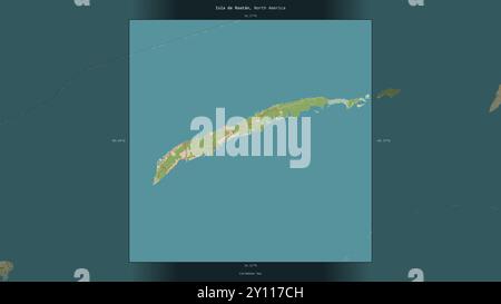 Isla de Roatan dans la mer des Caraïbes, appartenant au Honduras, décrite et mise en évidence sur une carte topographique de style humanitaire OSM Banque D'Images