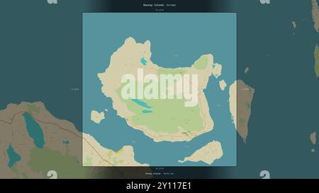L’île Rousay en mer du Nord, appartenant au Royaume-Uni, décrite et mise en évidence sur une carte topographique de style humanitaire OSM Banque D'Images