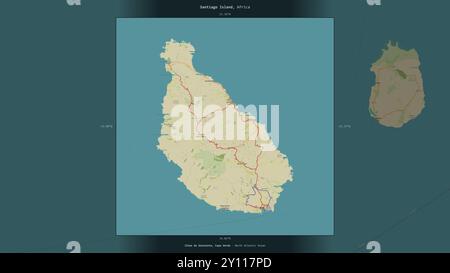 Île Santiago dans l'océan Atlantique Nord, appartenant au Cap-Vert, décrite et mise en évidence sur une carte topographique de style humanitaire OSM Banque D'Images