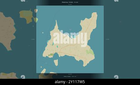 Île de Shapinsay dans la mer du Nord, appartenant au Royaume-Uni, décrite et mise en évidence sur une carte topographique de style humanitaire OSM Banque D'Images
